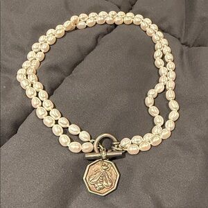 Pearl Triple-Strand Necklace with Silver Bee Pendant